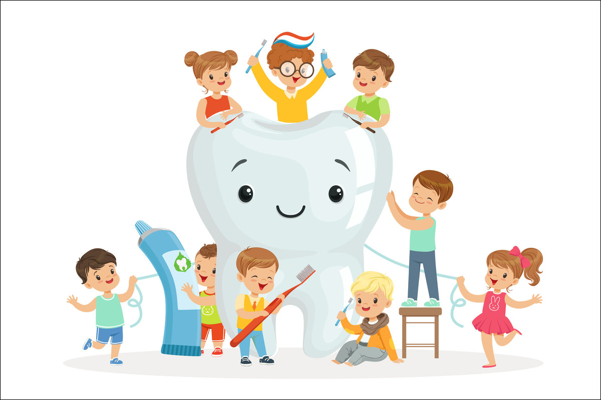 Little children take care of and clean a large, smiling tooth. Pediatric dentistry and caring for children teeth. Colorful cartoon characters detailed vector Illustrations isolated on white background