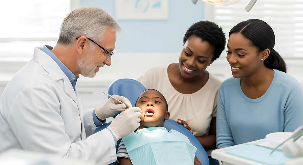 Dentist treats a Down Syndrome child, with parents supporting